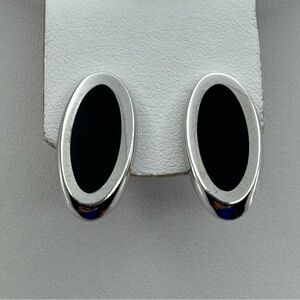 Monet Black Oval Clip On Earrings Silver Tone Vintage Signed Classic